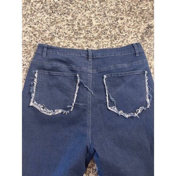Women’s Blue Patchwork Flare Jeans XXL Multi-Color Denim High Waist Frayed Hem - Picture 7 of 7